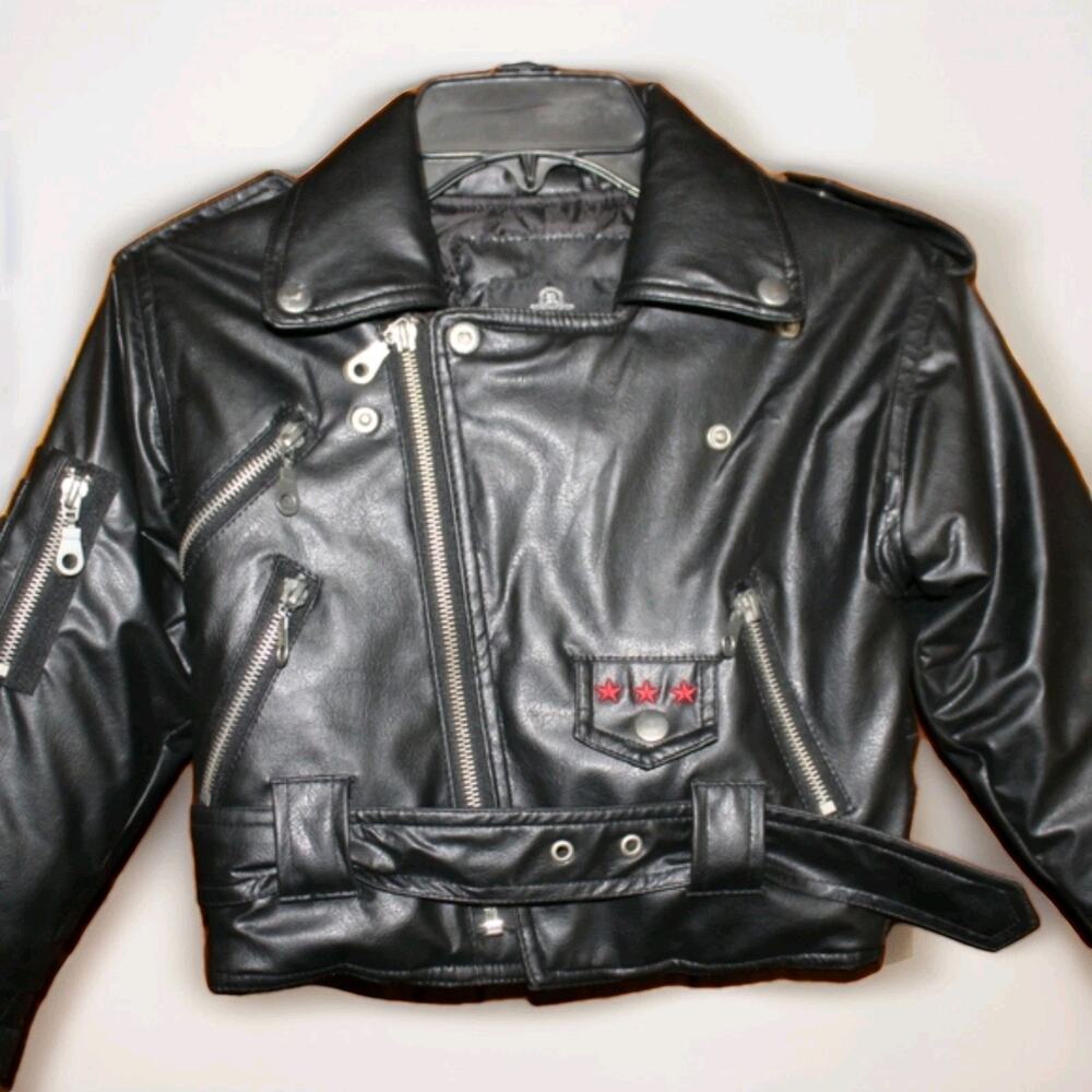 Oscar Kids USA Flag Eagle Patch Faux Leather Biker Moto Jacket Size 5